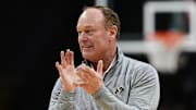 Mar 8, 2025; Boulder, Colorado, USA; Colorado Buffaloes athletic director Rick George claps during the first half against the TCU Horned Frogs at the CU Events Center. Mandatory Credit: Ron Chenoy-Imagn Images