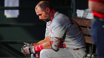 Sep 25, 2024; Denver, Colorado, USA; St. Louis Cardinals first base Paul Goldschmidt (46) in the dug out before the game against the Colorado Rockies at Coors Field. Mandatory Credit: Ron Chenoy-Imagn Images