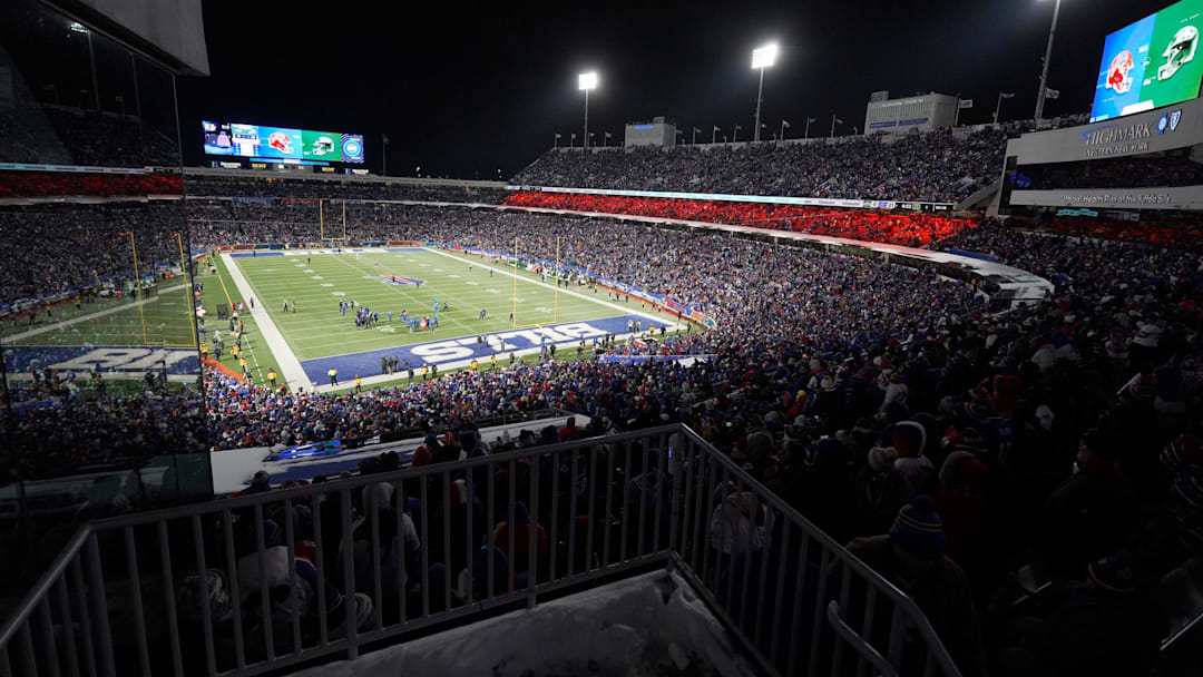 The field at half time with a reflection of it off the press box during the Bills last home game against the Jets at Highmark Stadium in Orchard Park on Jan. 4, 2026. They had former players come out at half time as part of the farewell to Highmark Stadium celebration. Next season will be played across the street in the new stadium.