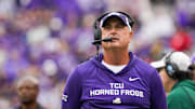 Oct 18, 2025; Fort Worth, Texas, USA; TCU Horned Frogs head coach Sonny Dykes on the sidelines against the Baylor Bears during the second half of a game at Amon G. Carter Stadium. Mandatory Credit: Raymond Carlin III-Imagn Images