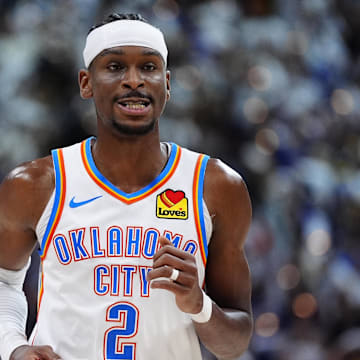 May 9, 2025; Denver, Colorado, USA; Oklahoma City Thunder guard Shai Gilgeous-Alexander (2) during the second half against the Denver Nuggets during game three of the second round for the 2025 NBA Playoffs at Ball Arena. Mandatory Credit: Ron Chenoy-Imagn Images