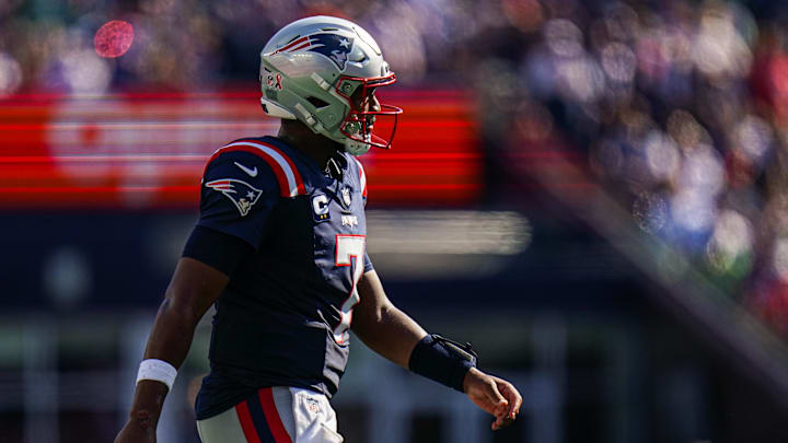 Quarterback Jacoby Brissett is one of six Patriots players wearing a captain patch in 2024.