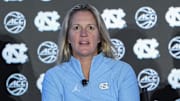 Oct 9, 2024; Charlotte, NC, USA;  North Carolina head coach Courtney Banghart during ACC Media Days at The Hilton Charlotte Uptown. Mandatory Credit: Jim Dedmon-Imagn Images