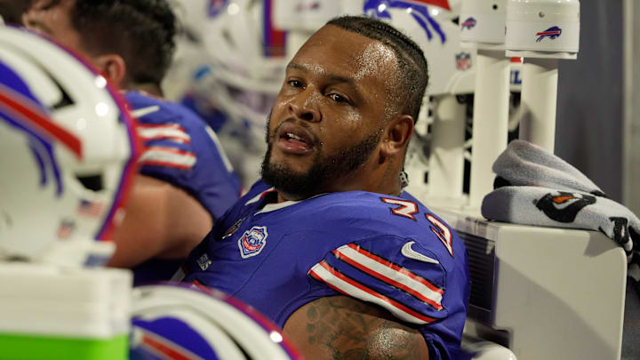 Buffalo Bills offensive tackle Dion Dawkins takes a seat and catches his breath while the defense is on the field during first half action against the Baltimore Ravens at Highmark Stadium in Orchard Park on Sept. 7, 2025. Buffalo Bills offensive tackle Dion Dawkins takes a seat and catches his breath while the defense is on the field during first half action against the Baltimore Ravens at Highmark Stadium in Orchard Park on Sept. 7, 2025.
