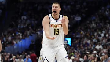Mar 12, 2025; Denver, Colorado, USA; Denver Nuggets center Nikola Jokic (15) reacts in the second quarter against the Minnesota Timberwolves at Ball Arena. Mandatory Credit: Ron Chenoy-Imagn Images