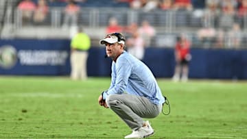 Ole Miss head coach Lane Kiffin looks at the scoreboard during a timeout against the Central Arkansas Bears during the second quarter at Vaught-Hemingway Stadium in Oxford, Miss., on Sept 10, 2022.
