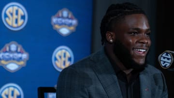 South Carolina football running back Rocket Sanders at SEC Media Days in 2023 when he was part of the Arkansas Razorbacks