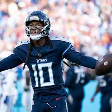 Tennessee Titans wide receiver DeAndre Hopkins (10) celebrates a touchdown against the Indianapolis Colts in the fourth quarter during their game at Nissan Stadium in Nashville, Tenn., Sunday, Dec. 3, 2023.