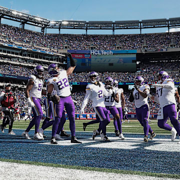 Sep 8, 2024; East Rutherford, New Jersey, USA; Minnesota Vikings safety Harrison Smith (22) celebrates his interception with teammates during the second half against the New York Giants at MetLife Stadium. Mandatory Credit: Vincent Carchietta-Imagn Images