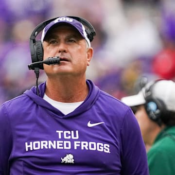 Oct 18, 2025; Fort Worth, Texas, USA; TCU Horned Frogs head coach Sonny Dykes on the sidelines against the Baylor Bears during the second half of a game at Amon G. Carter Stadium. Mandatory Credit: Raymond Carlin III-Imagn Images