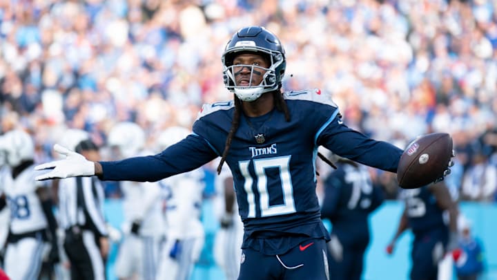 Tennessee Titans wide receiver DeAndre Hopkins (10) celebrates a touchdown against the Indianapolis Colts in the fourth quarter during their game at Nissan Stadium in Nashville, Tenn., Sunday, Dec. 3, 2023.