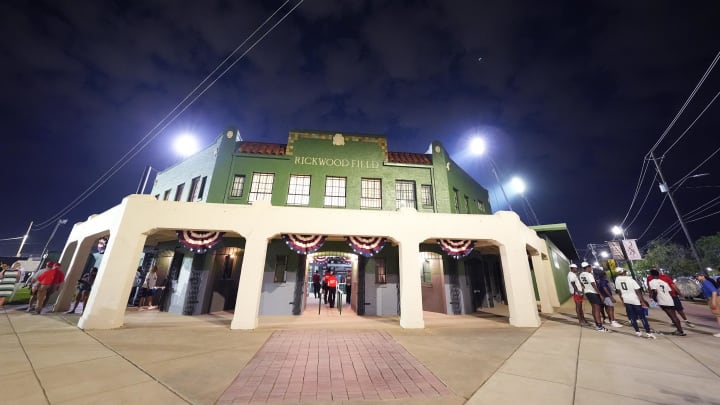 Jun 20, 2024; Fairfield, Alabama, USA; Exterior of Rickwood Field seen during the final innings of the tribute game to the Negro Leagues. Rickwood Field is the oldest baseball stadium in America. Mandatory Credit: John David Mercer-USA TODAY Sports