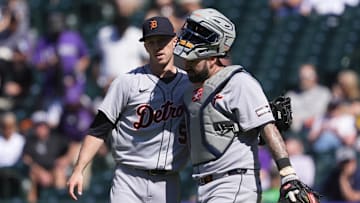 May 8, 2025; Denver, Colorado, USA; Detroit Tigers relief pitcher Chase Lee (53) and Detroit Tigers catcher Tomas Nido (0) celebrate defeating the Colorado Rockies at Coors Field. Mandatory Credit: Ron Chenoy-Imagn Images