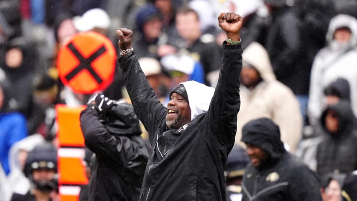 Apr 27, 2024; Boulder, CO, USA; Colorado Buffaloes defensive line coach Warren Sapp reacts on the sideline during a spring game event at Folsom Field. Mandatory Credit: Ron Chenoy-USA TODAY Sports