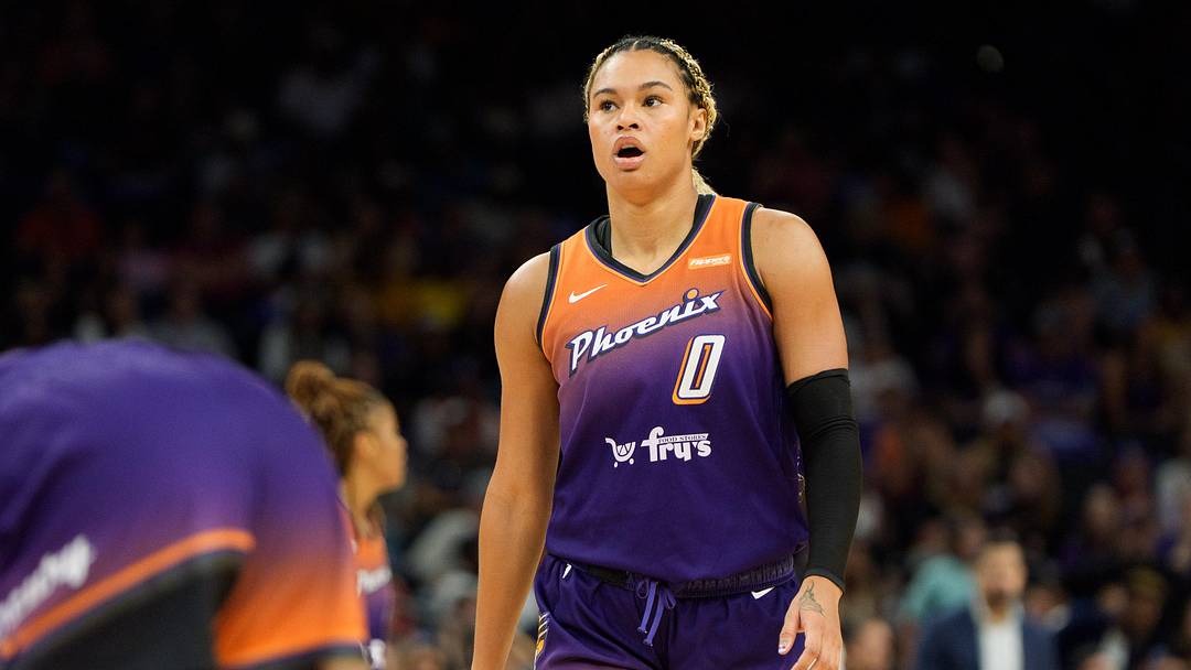 Sep 14, 2025; Phoenix, Arizona, USA; Phoenix Mercury forward Satou Sabally (0) reacts between plays during the second half against the New York Liberty during game one of the 2025 WNBA Playoffs round one at PHX Arena. Mandatory Credit: Allan Henry-Imagn Images
