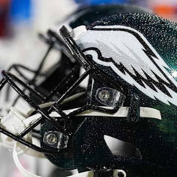 Nov 20, 2023; Kansas City, Missouri, USA; A general view of a Philadelphia Eagles helmet against the Kansas City Chiefs prior to a game at GEHA Field at Arrowhead Stadium. Mandatory Credit: Denny Medley-Imagn Images