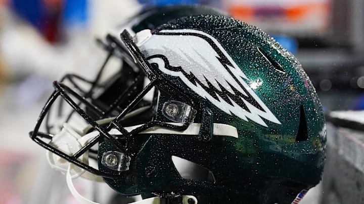 Nov 20, 2023; Kansas City, Missouri, USA; A general view of a Philadelphia Eagles helmet against the Kansas City Chiefs prior to a game at GEHA Field at Arrowhead Stadium. Mandatory Credit: Denny Medley-Imagn Images