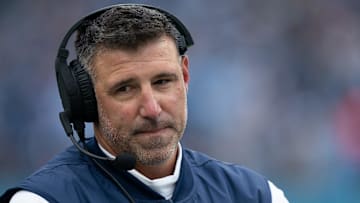 Tennessee Titans head coach Mike Vrabel waits for a referee's decision after throwing the challenge flag against the Carolina Panthers during their game at Nissan Stadium in Nashville, Tenn., Sunday, Nov. 26, 2023.