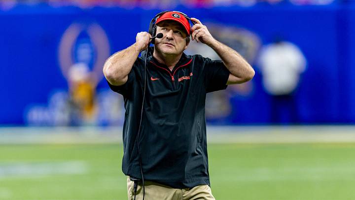 Jan 2, 2025; New Orleans, LA, USA;  Georgia Bulldogs head coach Kirby Smart looks on against the Notre Dame Fighting Irish during the first half at Caesars Superdome. Mandatory Credit: Stephen Lew-Imagn Images