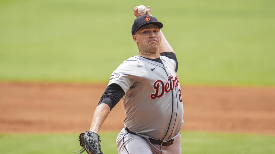 Jun 19, 2024; Cumberland, Georgia, USA; Tigers’ Tarik Skubal pitches against the Braves.