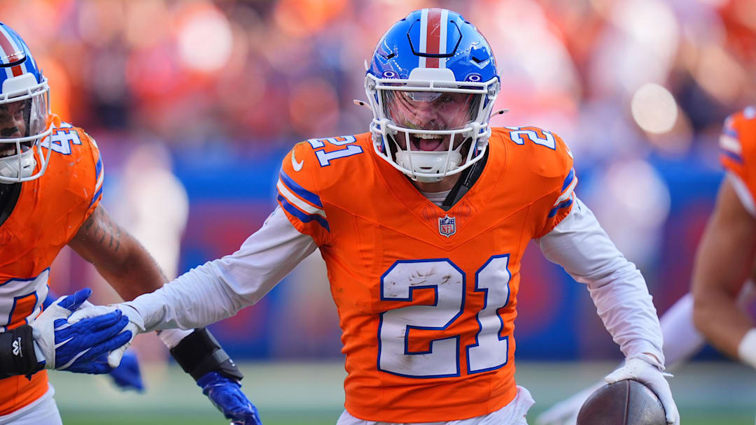 Denver Broncos cornerback Riley Moss celebrates his interception in the second half against the Las Vegas Raiders Denver Broncos cornerback Riley Moss celebrates his interception in the second half against the Las Vegas Raiders