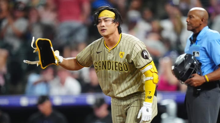 Aug 16, 2024; Denver, Colorado, USA; San Diego Padres shortstop Ha-Seong Kim (7) reacts after striking out in the eighth inning against the Colorado Rockies at Coors Field.