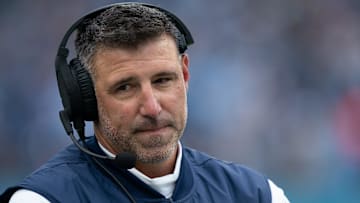 Tennessee Titans head coach Mike Vrabel waits for a referee's decision after throwing the challenge flag against the Carolina Panthers during their game at Nissan Stadium in Nashville, Tenn., Sunday, Nov. 26, 2023.