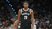 Oct 26, 2025; San Antonio, Texas, USA; Brooklyn Nets center Day'Ron Sharpe (20) walks up the court in the first half against the San Antonio Spurs at Frost Bank Center. Mandatory Credit: Daniel Dunn-Imagn Images