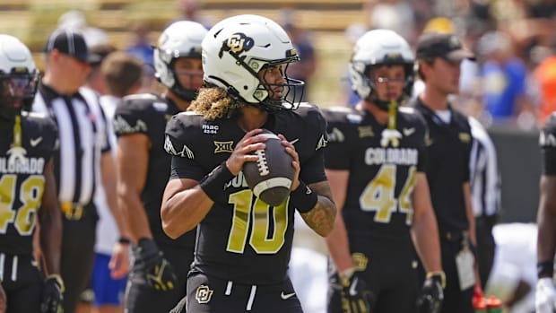 Colorado Buffaloes quarterback Julian Lewis (10) before the game against the Delaware Fightin Blue Hens at Folsom Field.