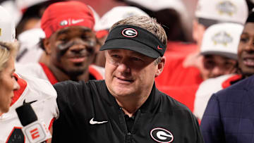Dec 6, 2025; Atlanta, GA, USA; Georgia Bulldogs head coach Kirby Smart looks on after the game against the Alabama Crimson Tide during the 2025 SEC Championship game at Mercedes-Benz Stadium. Mandatory Credit: Dale Zanine-Imagn Images