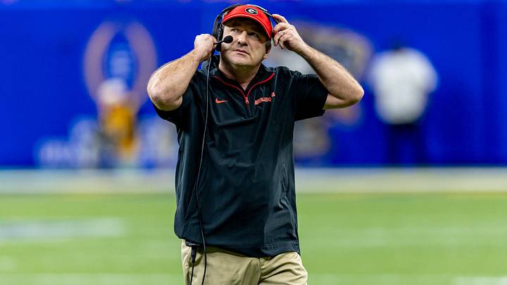 Jan 2, 2025; New Orleans, LA, USA;  Georgia Bulldogs head coach Kirby Smart looks on against the Notre Dame Fighting Irish during the first half at Caesars Superdome. Mandatory Credit: Stephen Lew-Imagn Images