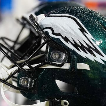 Nov 20, 2023; Kansas City, Missouri, USA; A general view of a Philadelphia Eagles helmet against the Kansas City Chiefs prior to a game at GEHA Field at Arrowhead Stadium. Mandatory Credit: Denny Medley-USA TODAY Sports