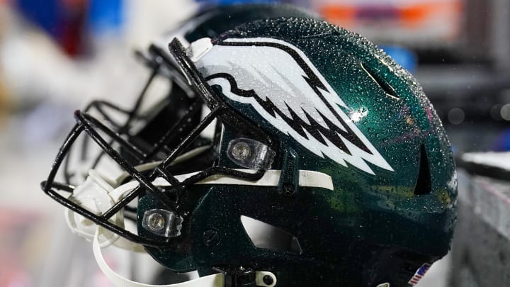 Nov 20, 2023; Kansas City, Missouri, USA; A general view of a Philadelphia Eagles helmet against the Kansas City Chiefs prior to a game at GEHA Field at Arrowhead Stadium. Mandatory Credit: Denny Medley-USA TODAY Sports