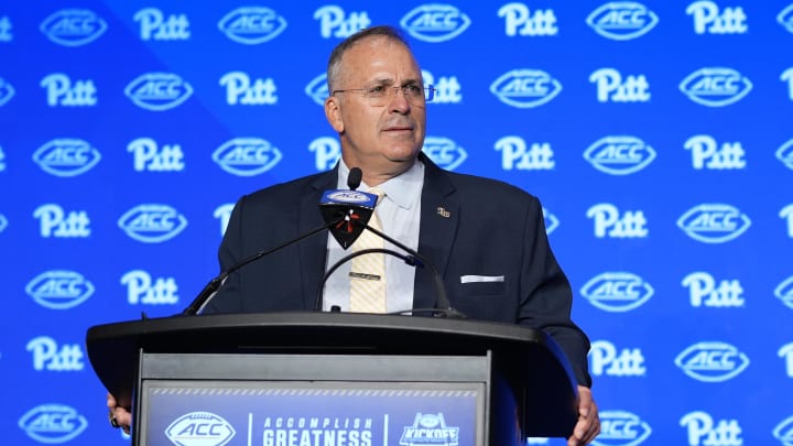 Jul 23, 2024; Charlotte, NC, USA; Pitt head coach Pat Narduzzi speaks to the media during the ACC Kickoff at Hilton Charlotte Uptown. Mandatory Credit: Jim Dedmon-USA TODAY Sports