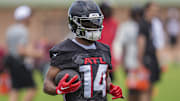 Jun 3, 2024; Atlanta, GA, USA; Atlanta Falcons wide receiver Rondale Moore (14) runs with the ball during Falcons OTA at the Falcons Training facility. 