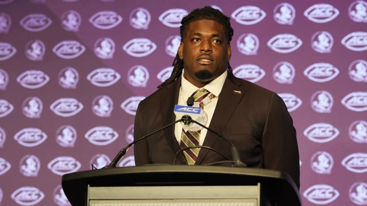 Jul 22, 2024; Charlotte, NC, USA; Florida State defensive tackle Joshua Farmer speaks to the media during ACC Kickoff at Hilton Charlotte Uptown. Mandatory Credit: Jim Dedmon-USA TODAY Sports