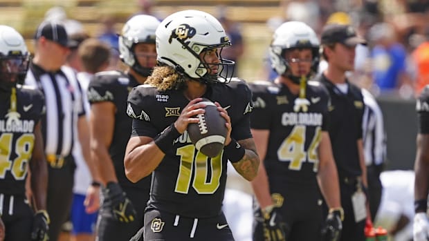 Colorado Buffaloes quarterback Julian Lewis (10) before the game against the Delaware Fightin Blue Hens at Folsom Field.