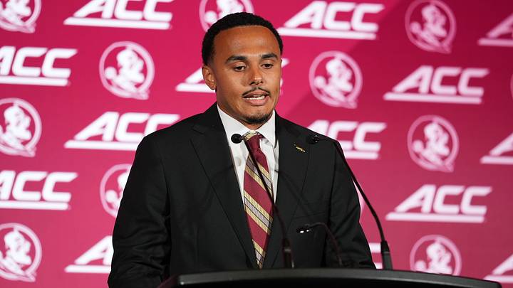 Jul 15, 2026; Charlotte, NC, USA;  Florida State Seminoles quarterback Ashton Daniels  speaks to the media during ACC Media Days at Hilton Charlotte Uptown. Mandatory Credit: Jim Dedmon-Imagn Images