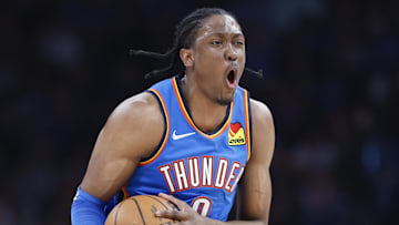 Mar 8, 2024; Oklahoma City, Oklahoma, USA; Oklahoma City Thunder forward Jalen Williams (8) reacts after an officials call against him following a play against the Miami Heat during the second half at Paycom Center. Mandatory Credit: Alonzo Adams-Imagn Images