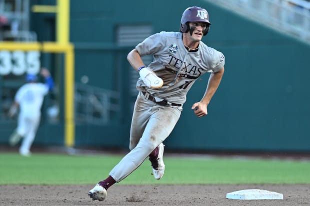 Texas A&M Aggies outfielder Jace Laviolette (17) takes third base against the Kentucky Wildcats during the sixth inning.