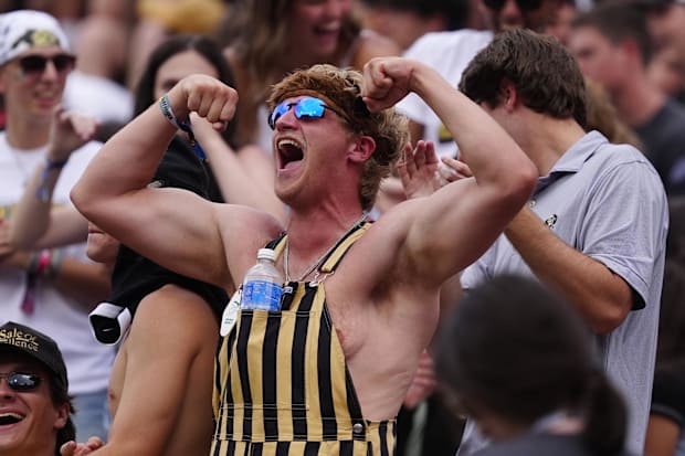 Sep 6, 2025; Boulder, Colorado, USA; Colorado Buffaloes student fan cheers in the second half against the Delaware Fightin Bl
