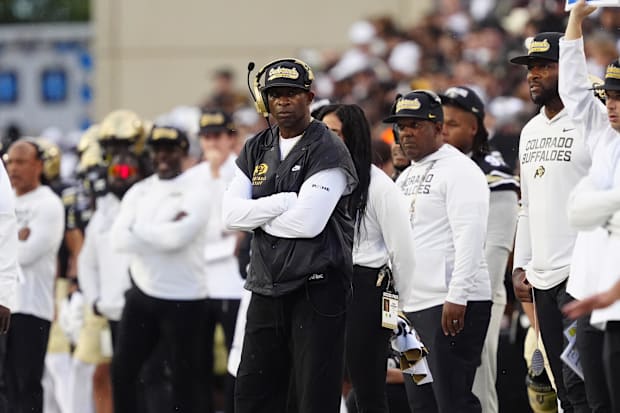 Aug 29, 2025; Boulder, Colorado, USA; Colorado Buffaloes head coach Deion Sanders on the sidelines in the second quarter agai