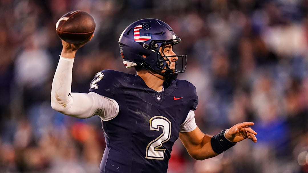 Nov 8, 2025; East Hartford, Connecticut, USA; UConn Huskies quarterback Joe Fagnano (2) throws a pass against the Duke Blue Devils in the second quarter at Pratt & Whitney Stadium at Rentschler Field. Mandatory Credit: David Butler II-Imagn Images