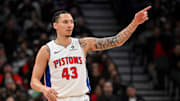 Apr 4, 2025; Toronto, Ontario, CAN;  Detroit Pistons guard Lindy Waters III (43) reacts after making a three point basket against the Toronto Raptors in the first half at Scotiabank Arena. Mandatory Credit: Dan Hamilton-Imagn Images