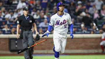 Sep 3, 2024; New York City, New York, USA;  New York Mets shortstop Francisco Lindor (12) hits a two-run home run in the third inning against the Boston Red Sox at Citi Field. Mandatory Credit: Wendell Cruz-Imagn Images