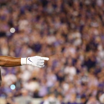 Aug 31, 2024; Manhattan, Kansas, USA; Kansas State Wildcats running back Dylan Edwards (3) celebrates a touchdown in the third quarter against the Tennessee-Martin Skyhawks at Bill Snyder Family Football Stadium. Mandatory Credit: Scott Sewell-Imagn Images