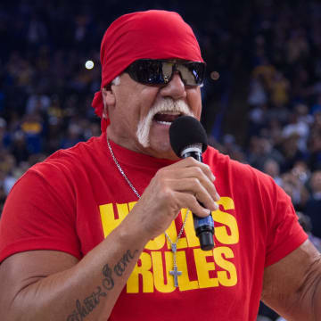 November 13, 2014; Oakland, CA, USA; WWE professional wrestler Hulk Hogan before the game between the Golden State Warriors and the Brooklyn Nets at Oracle Arena. The Warriors defeated the Nets 107-99. Mandatory Credit: Kyle Terada-USA TODAY Sports