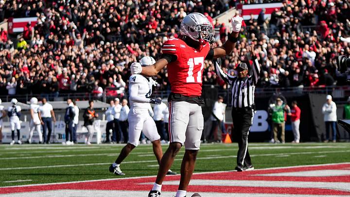 Ohio State Buckeyes wide receiver Carnell Tate (17) celebrates a touchdown during the NCAA football game against the Penn State Nittany Lions at Ohio Stadium in Columbus on Nov. 1, 2025.