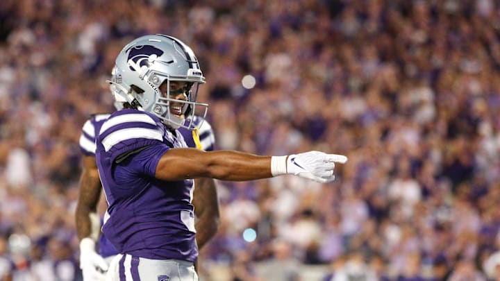 Aug 31, 2024; Manhattan, Kansas, USA; Kansas State Wildcats running back Dylan Edwards (3) celebrates a touchdown in the third quarter against the Tennessee-Martin Skyhawks at Bill Snyder Family Football Stadium. Mandatory Credit: Scott Sewell-Imagn Images