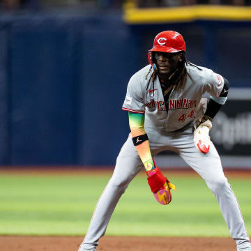 Jul 27, 2024; St. Petersburg, Florida, USA; Cincinnati Reds shortstop Elly De La Cruz (44) leads off first base against the Tampa Bay Rays during the sixth inning at Tropicana Field.